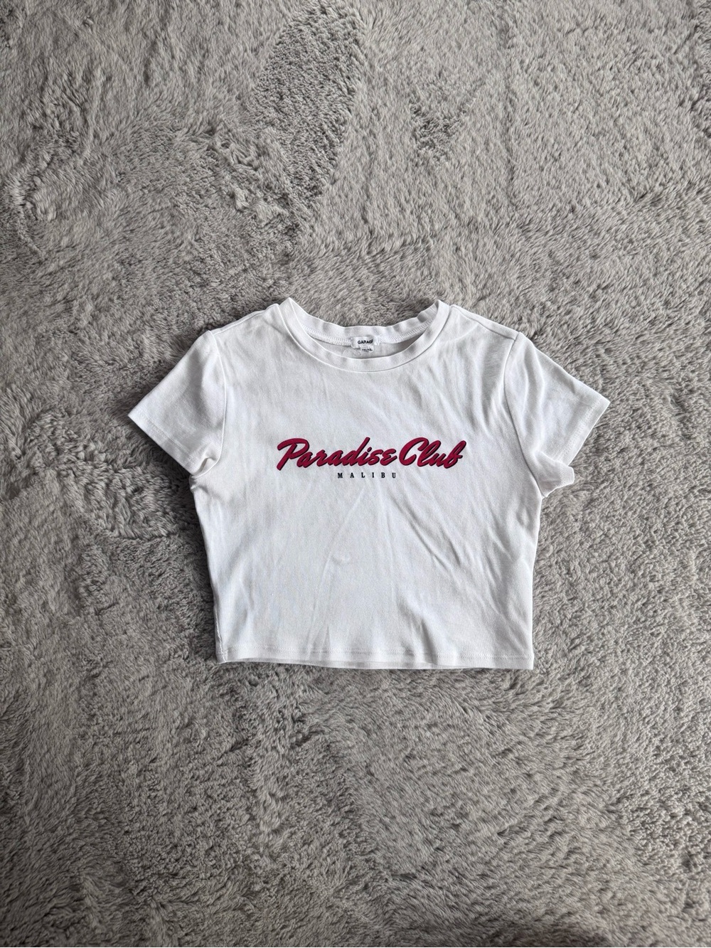Garage White Tee with Magenta Paradise Club Script
